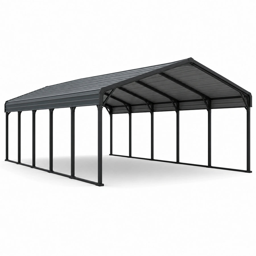 Carport double en métal noir avec toiture grise en polycarbonate, 600 × 600 × 300 cm