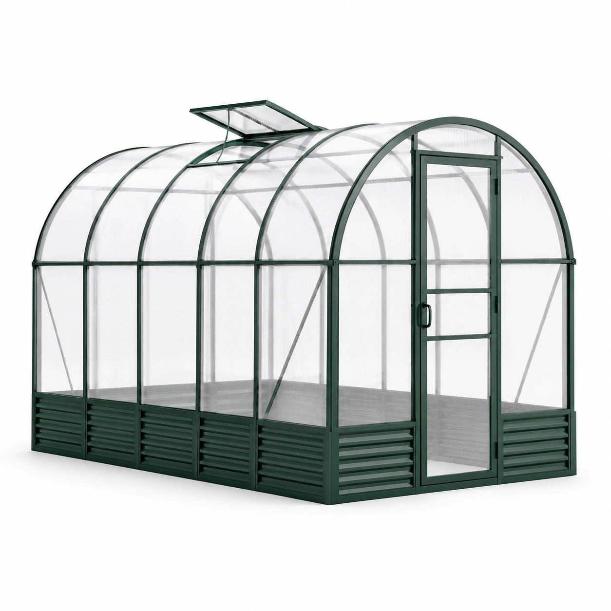 Serre de jardin tunnel en aluminium vert et polycarbonate transparent, 300 × 200 × 210 cm, avec porte et lucarne