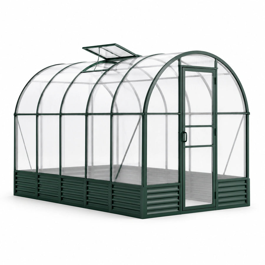 Serre de jardin tunnel en aluminium vert et polycarbonate transparent, 300 × 200 × 210 cm, avec porte et lucarne