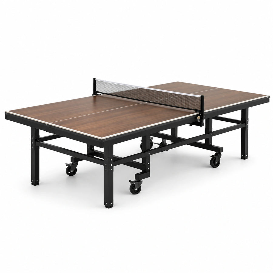 Table de tennis de table pliable sur roulettes 274 × 152,5 × 76 cm, marron, noire et argentée