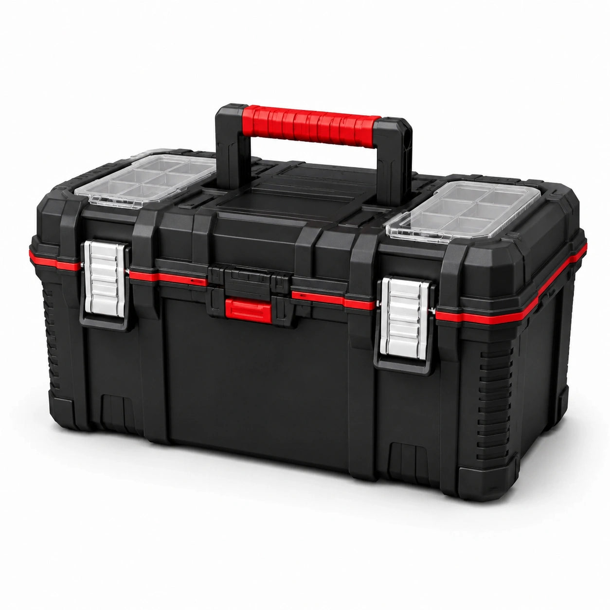 Boîte à outils portable en plastique noir et rouge, 55 × 28 × 30 cm, avec deux organiseurs transparents