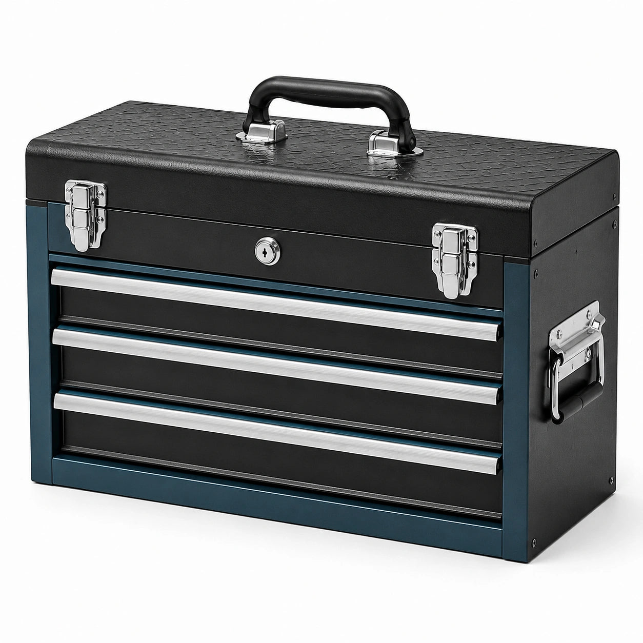 Coffre à outils portable en métal noir, argenté et bleu pétrole, 51 × 22 × 39 cm, 3 tiroirs avec serrure