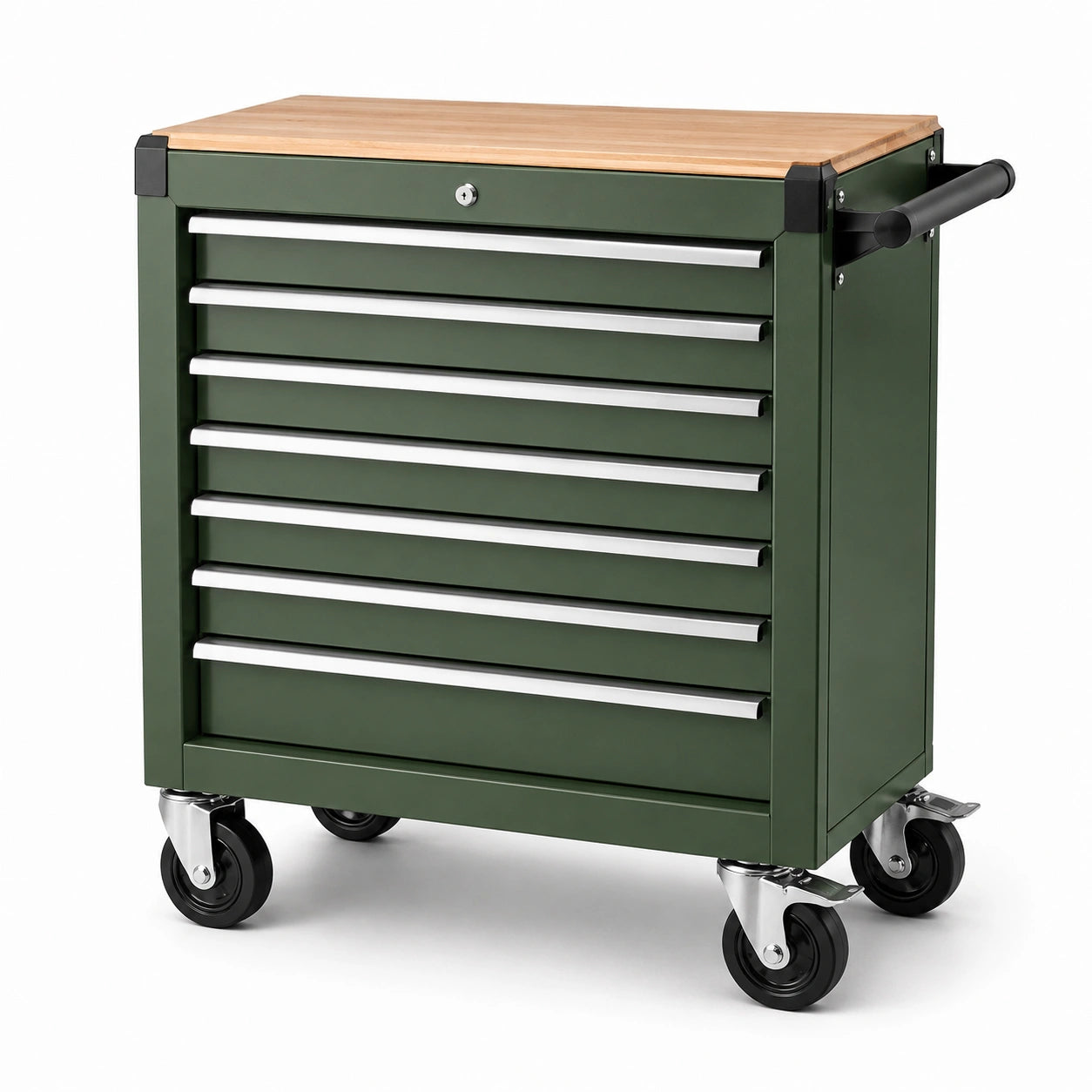 Servante d’atelier mobile verrouillable à 7 tiroirs avec plateau en bois, vert foncé, 77 × 46 × 97 cm