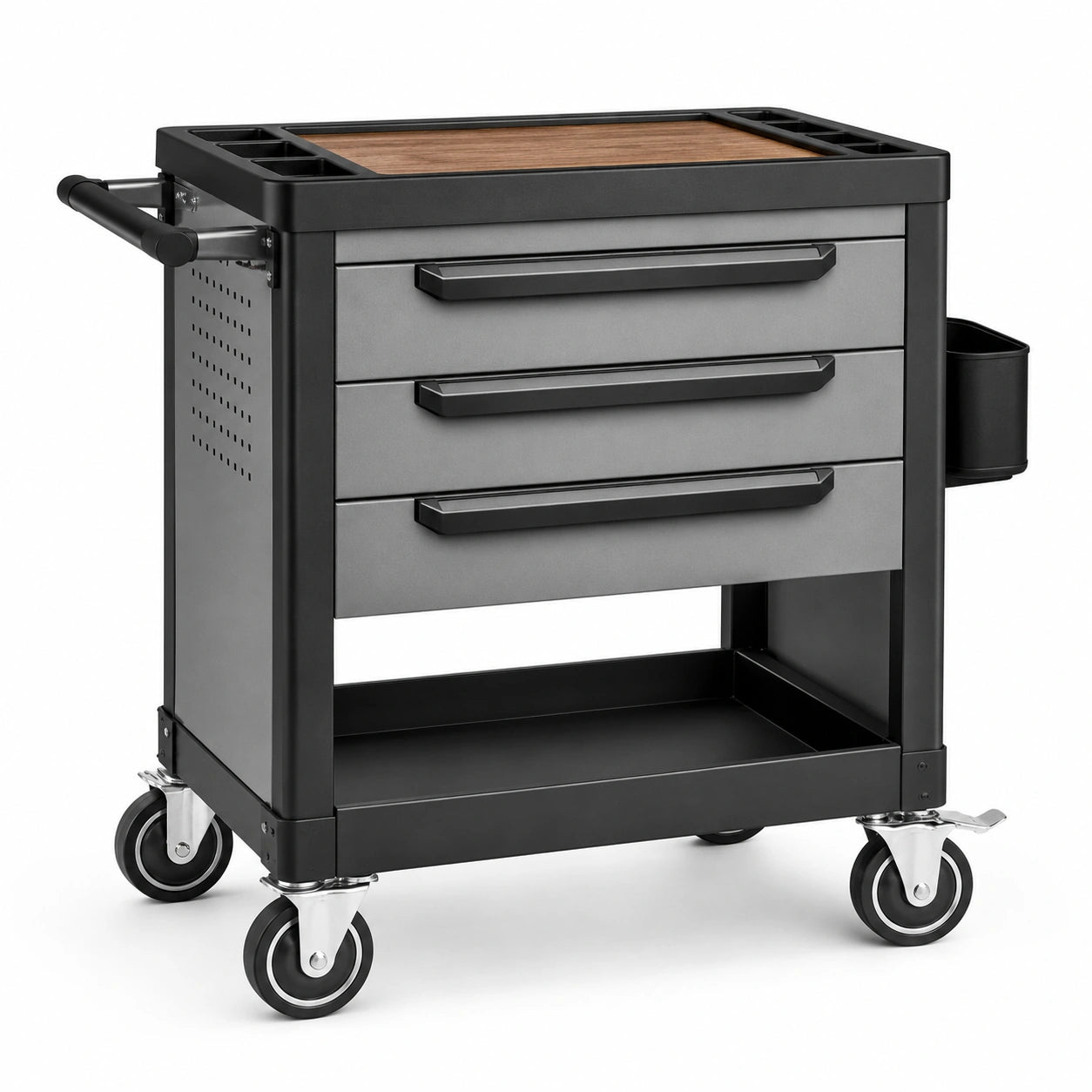 Servante d’atelier mobile en acier noir, gris et marron, 84 × 47 × 91 cm, 3 tiroirs et plateau inférieur