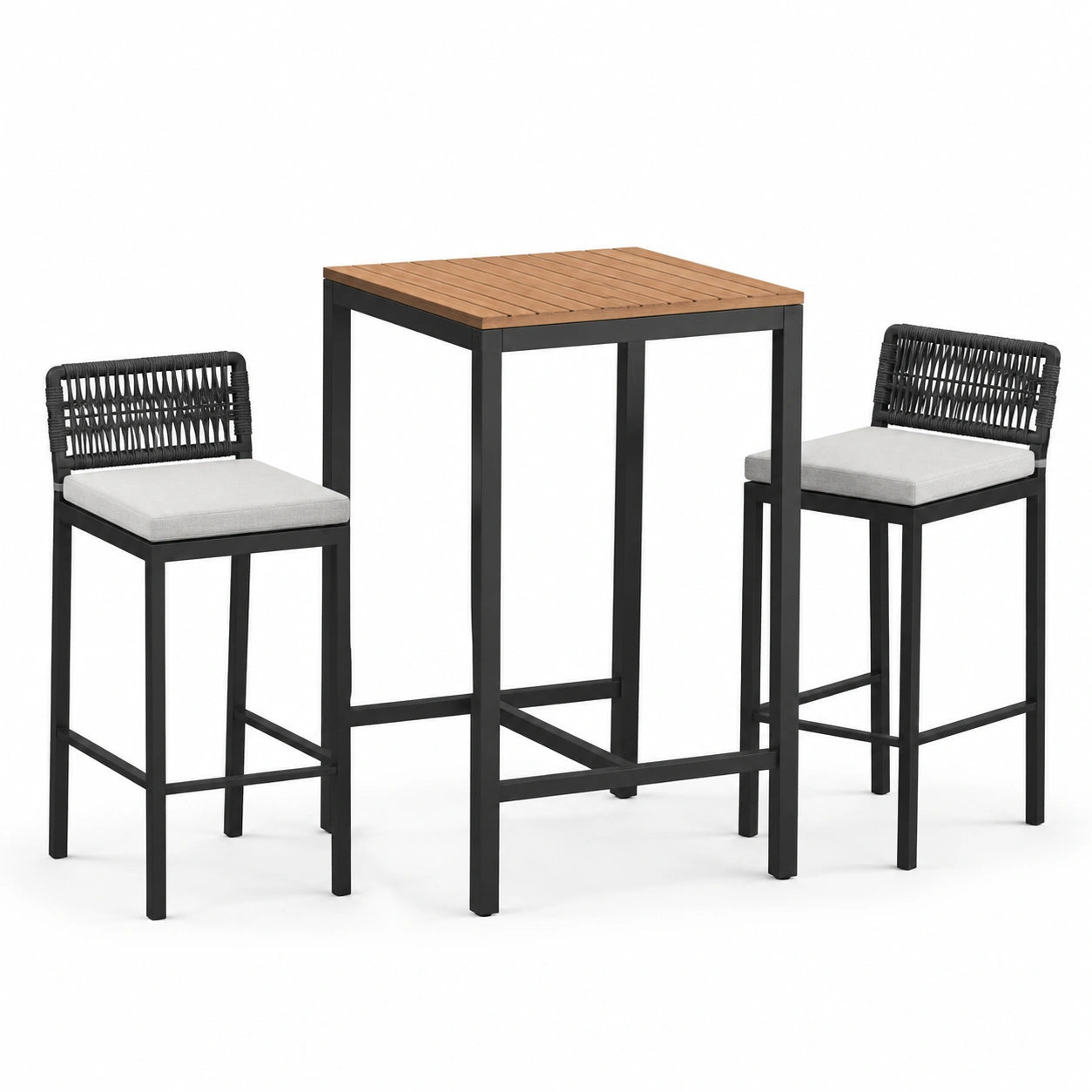 Ensemble bar de jardin 3 pièces, table haute 70 × 70 × 100 cm et 2 tabourets 45 × 50 × 92 cm, noir, bois naturel et gris clair
