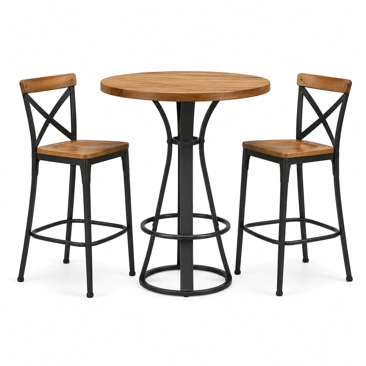 Table de bar ronde Ø 90 × H 91 cm avec 2 tabourets L 43 × P 43 × H 101 cm, brun et noir
