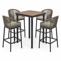Ensemble bar de jardin 5 pièces avec table haute 90 × 90 × 105 cm et 4 fauteuils 57 × 60 × 108 cm, noir, taupe, beige et marron effet bois