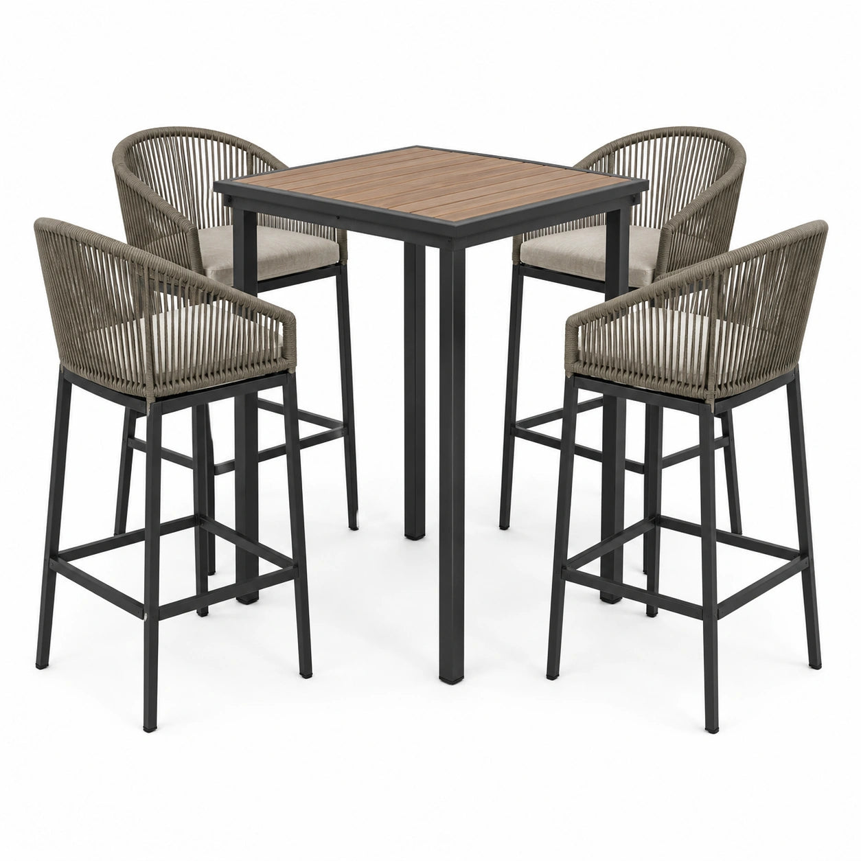 Ensemble bar de jardin 5 pièces avec table haute 90 × 90 × 105 cm et 4 fauteuils 57 × 60 × 108 cm, noir, taupe, beige et marron effet bois