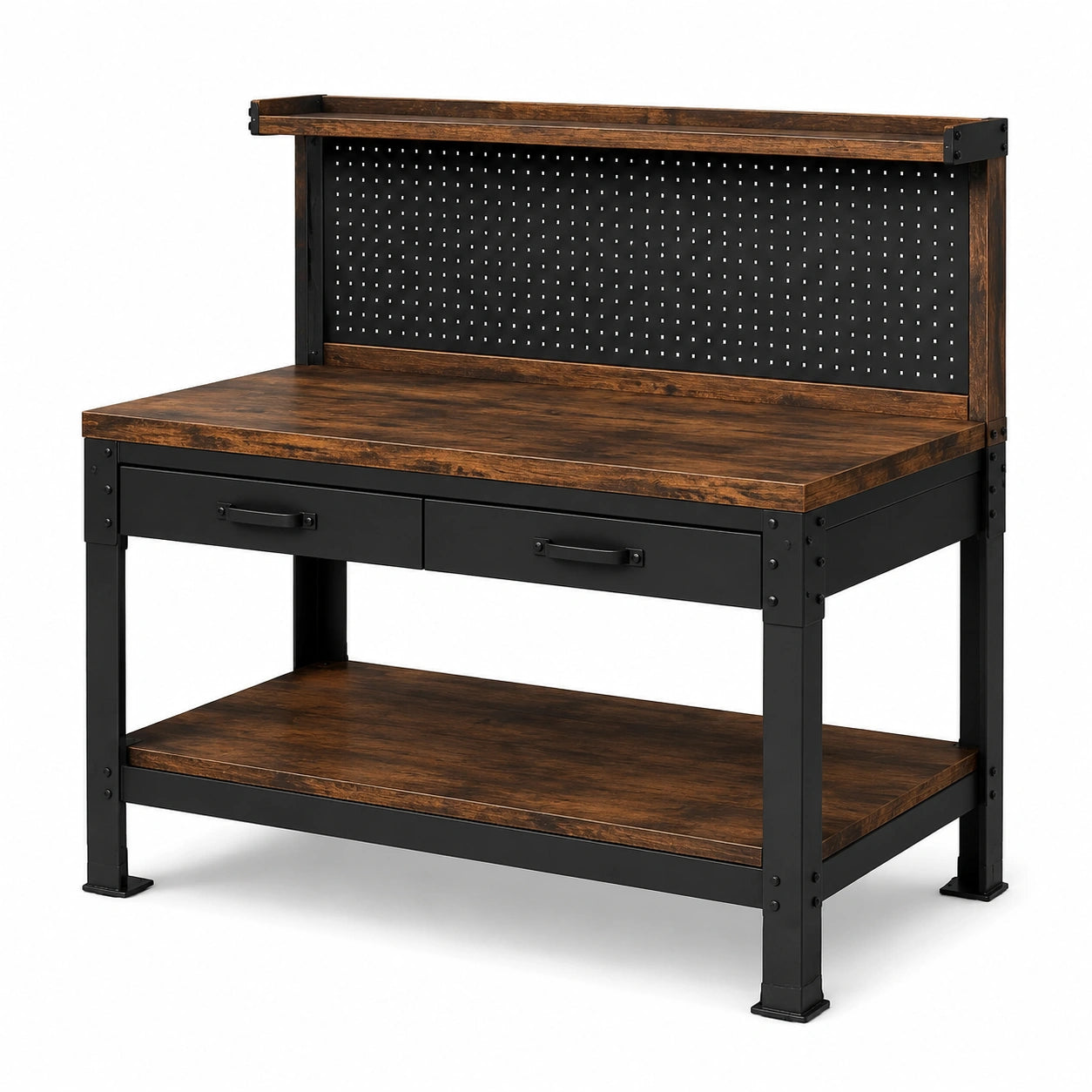 Établi d’atelier 120 × 60 × 150 cm en acier noir et bois marron avec 2 tiroirs, panneau perforé et 2 tablettes