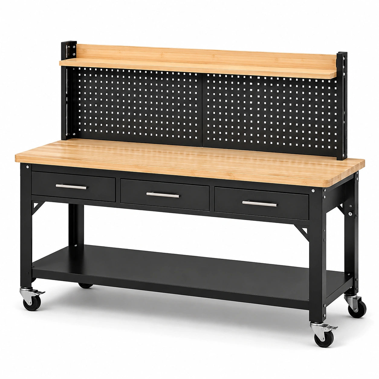 Établi mobile en acier noir et bambou naturel, 152 × 61 × 150 cm, 3 tiroirs, panneau perforé et roulettes