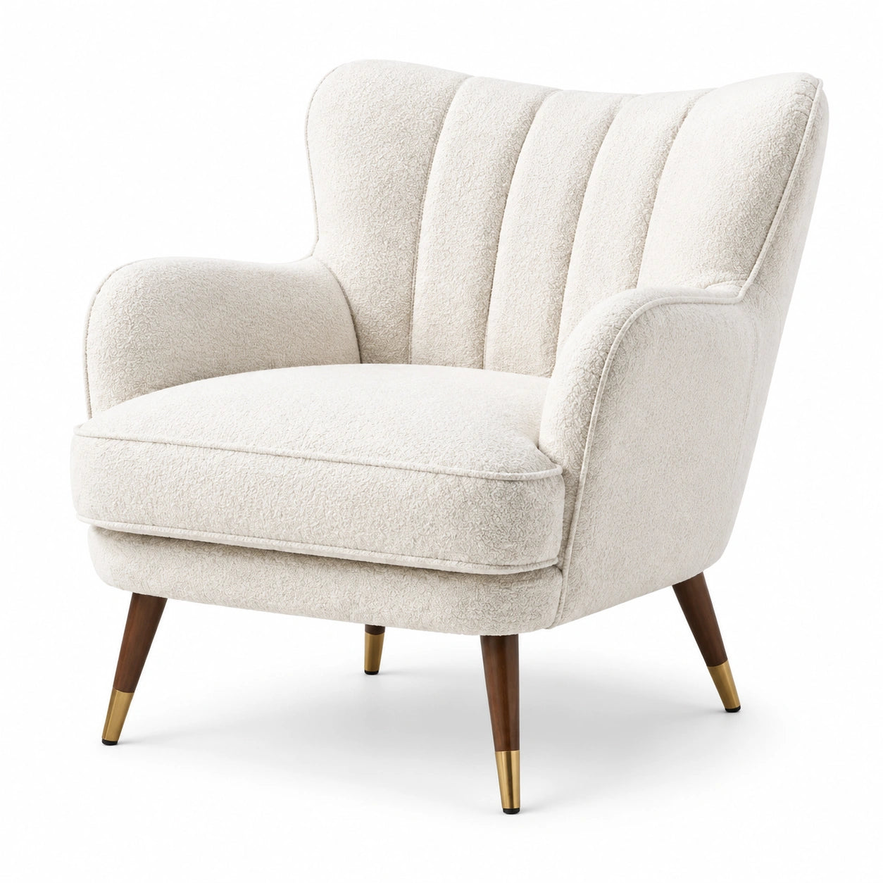 Fauteuil rétro en tissu bouclé écru avec pieds marron et dorés, 82 × 78 × 88 cm