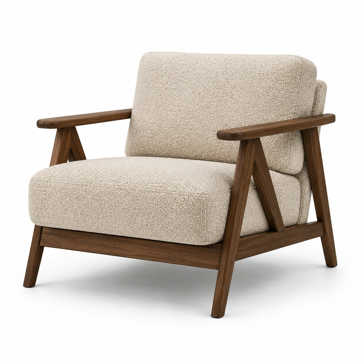 Fauteuil contemporain en tissu bouclé beige et bois brun foncé avec accoudoirs, 78 × 82 × 78 cm