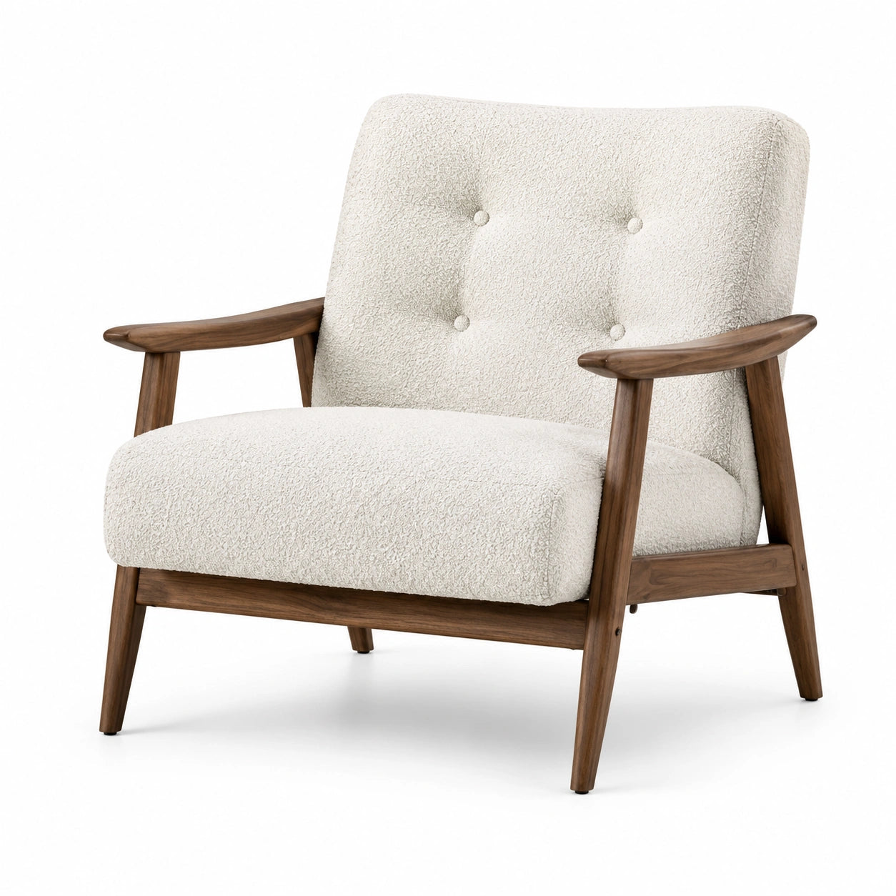 Fauteuil scandinave en bouclette écrue et bois marron avec accoudoirs, 76 × 82 × 84 cm