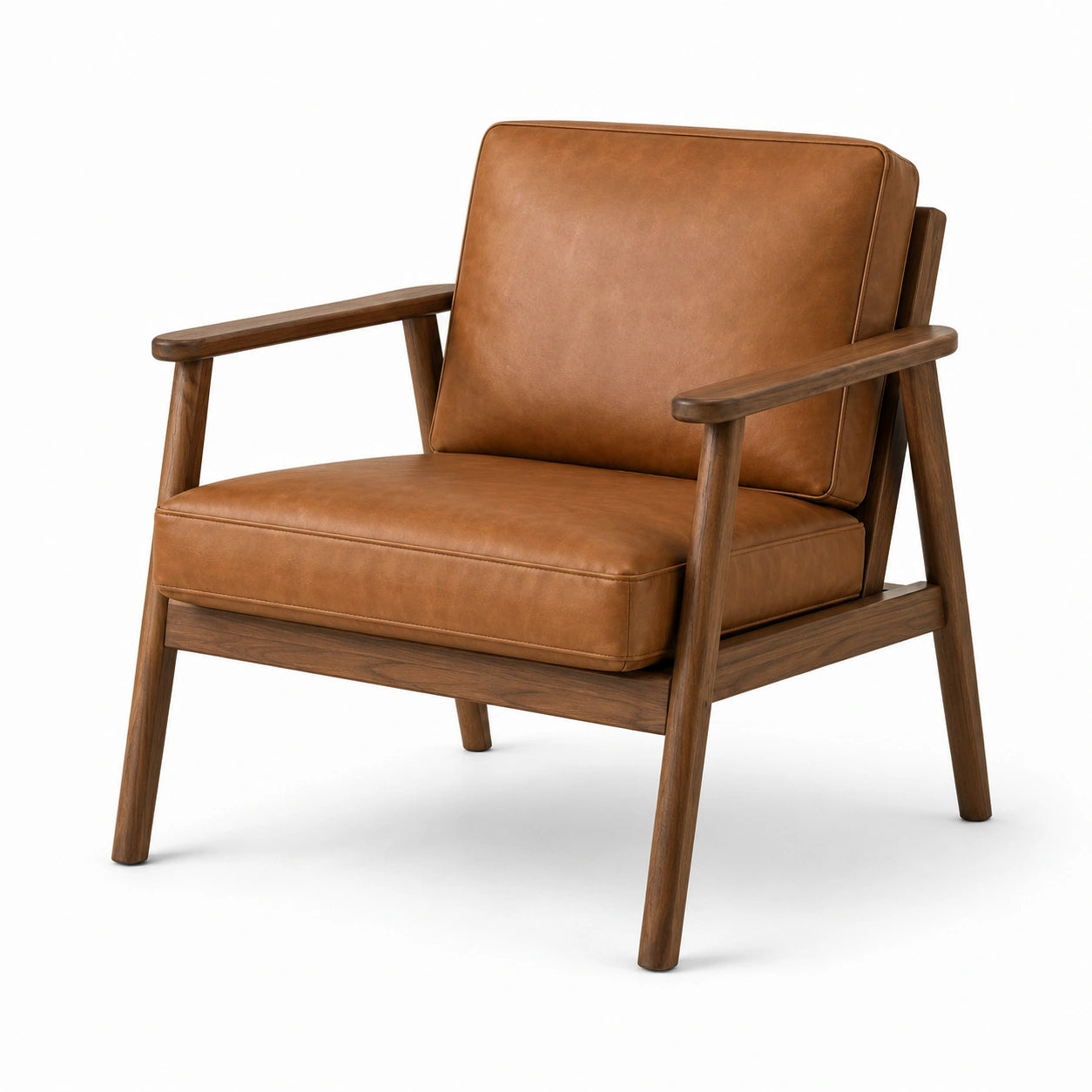 Fauteuil vintage en bois marron foncé avec revêtement aspect cuir cognac, 76 × 82 × 82 cm