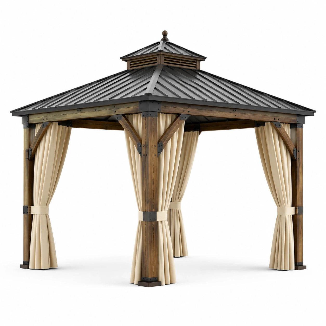Pavillon de jardin carré en bois brun avec toit métallique anthracite et rideaux beiges, 360 × 360 × 320 cm