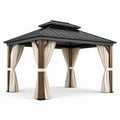 Pavillon de jardin carré 300 × 300 × 280 cm en bois et métal noir avec rideaux beiges