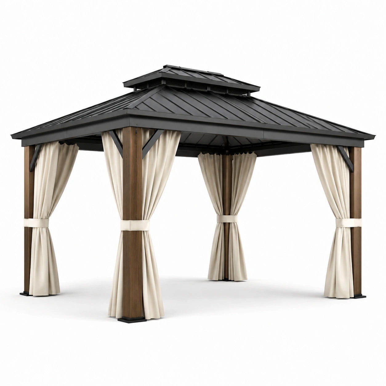 Pavillon de jardin carré 300 × 300 × 280 cm en bois et métal noir avec rideaux beiges