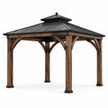 Pavillon de jardin en bois brun et métal noir avec toit à double niveau, 366 × 305 × 310 cm