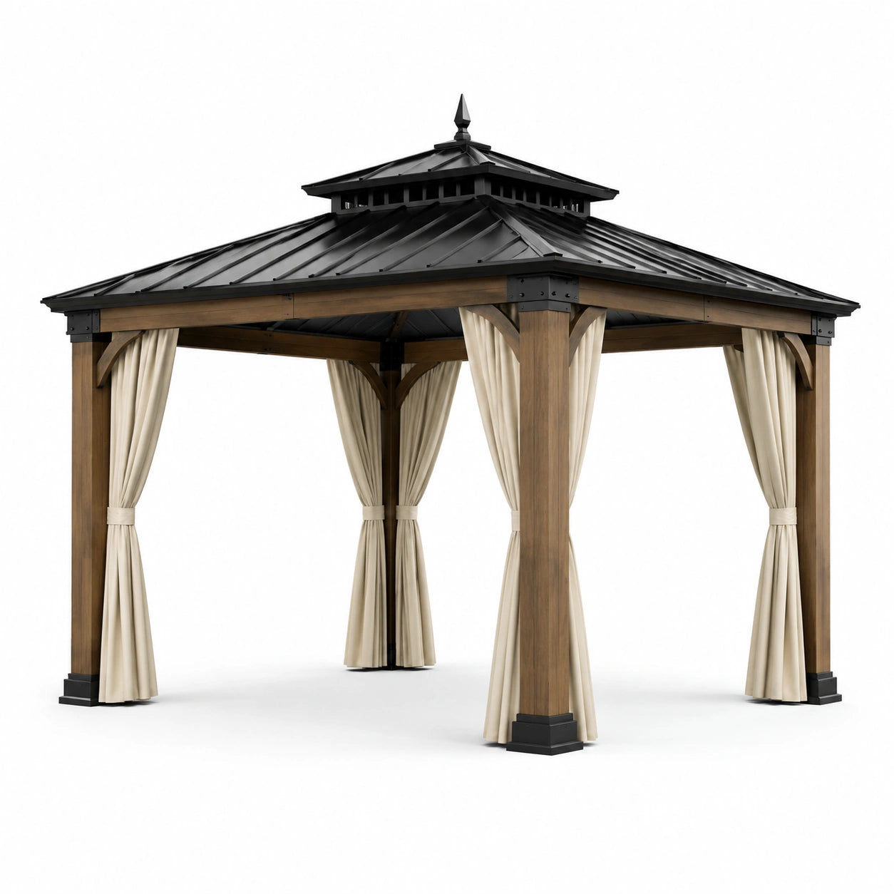 Tonnelle de jardin 300 × 300 × 290 cm en bois brun avec toit rigide noir et rideaux beiges