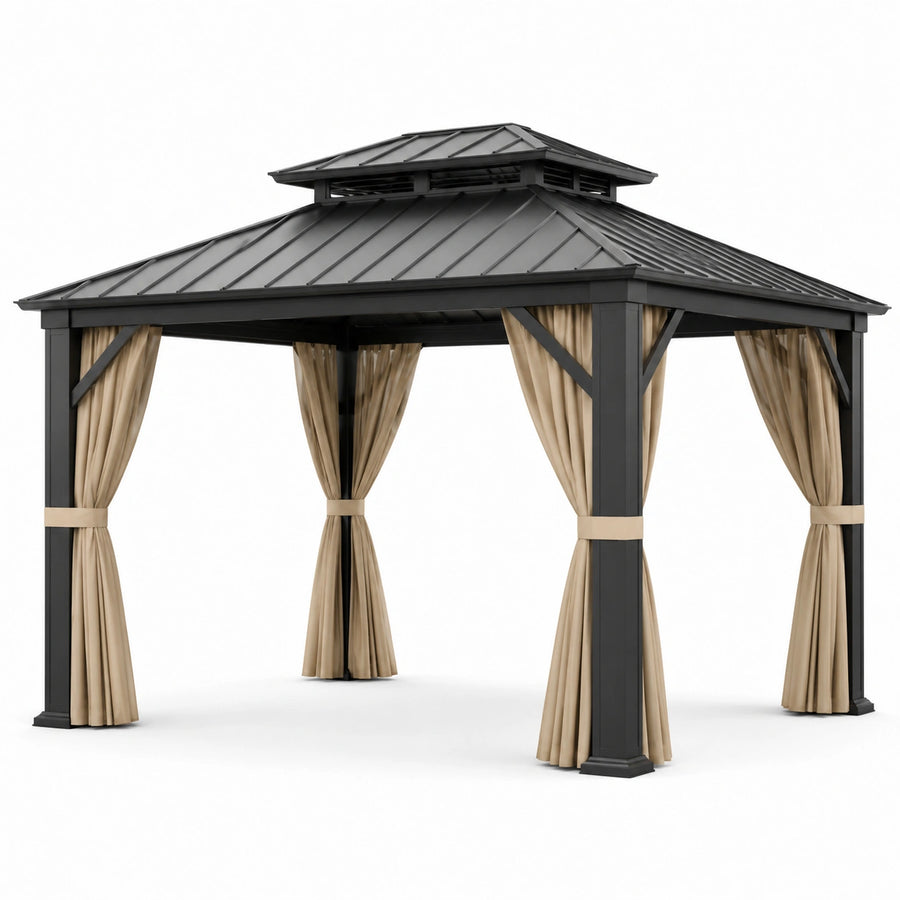 Pavillon de jardin 400 × 300 × 300 cm en aluminium anthracite avec toit rigide et rideaux beiges