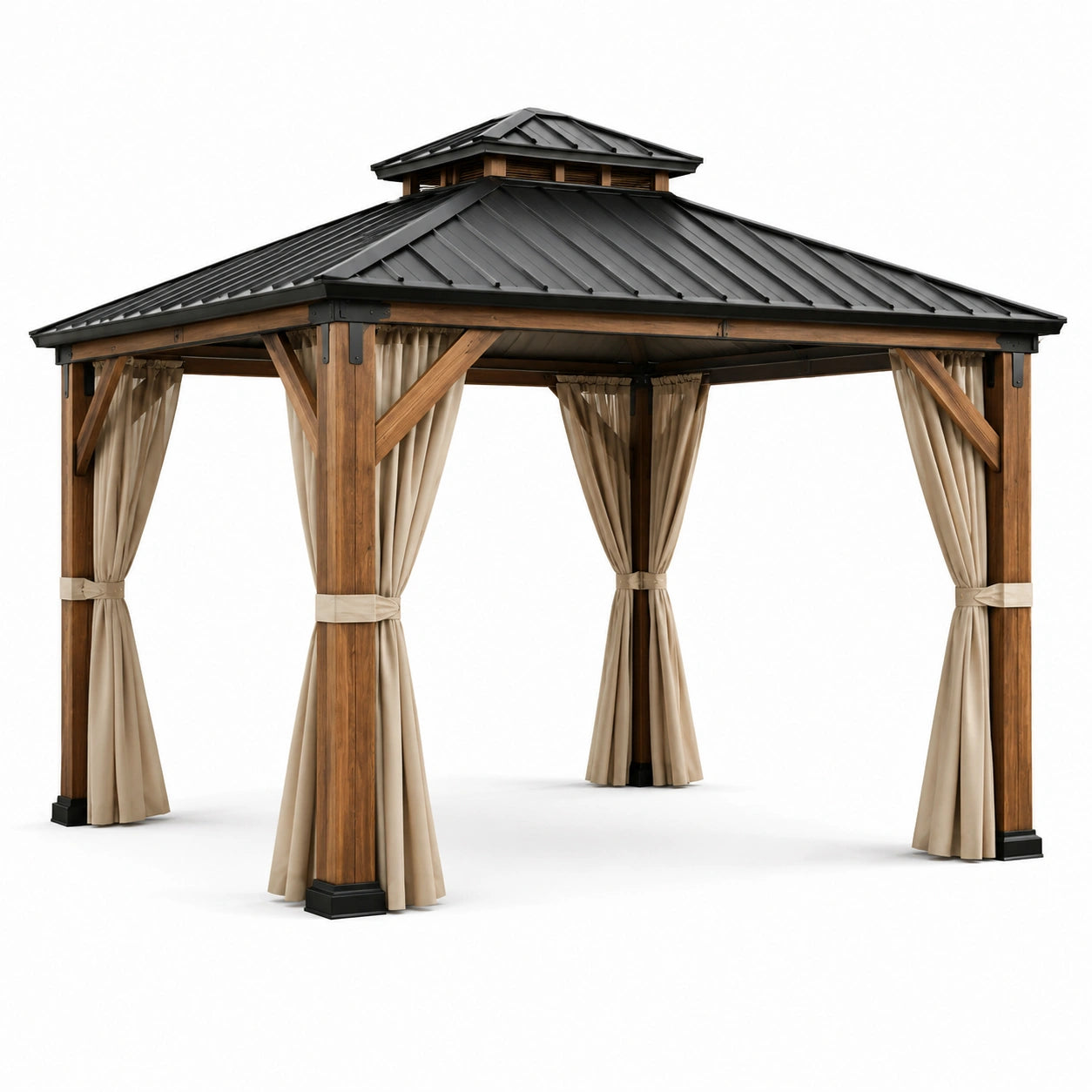 Pavillon de jardin marron, noir et beige 360 x 300 x 290 cm avec toit rigide à double niveau et rideaux
