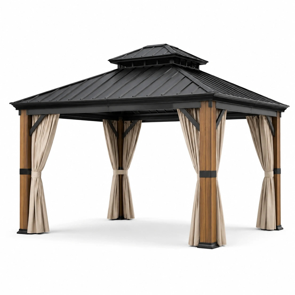 Pavillon de jardin carré 360 × 360 × 310 cm, bois brun, toit en métal noir et rideaux beiges