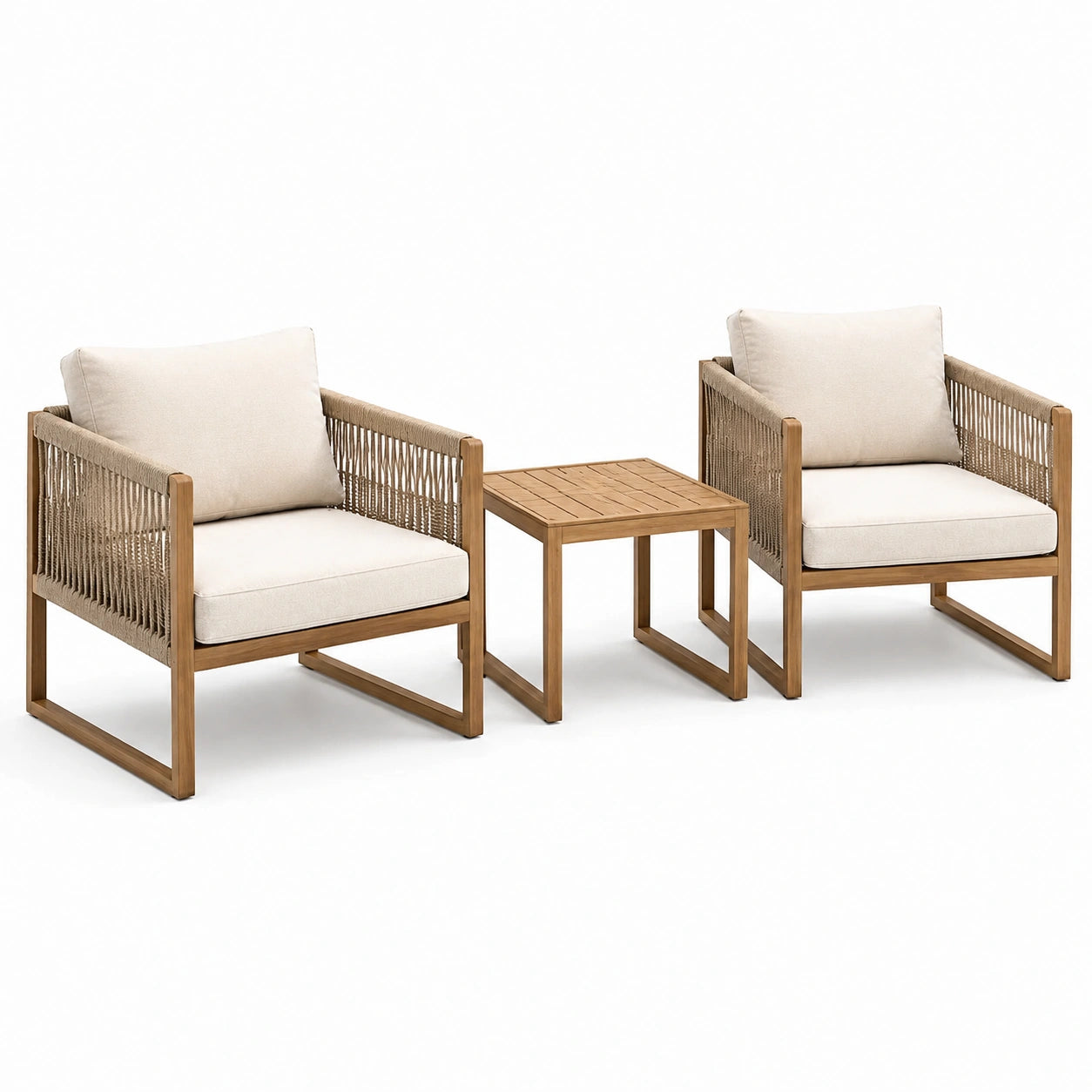 Ensemble de jardin 3 pièces en bois brun, cordage beige et coussins écrus – fauteuils 72 × 75 × 79 cm, table 50 × 50 × 45 cm