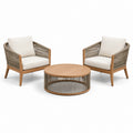 Salon de jardin 3 pièces avec 2 fauteuils de 72 × 78 × 82 cm et table basse ronde de 80 × 40 cm, bois naturel, taupe et blanc cassé
