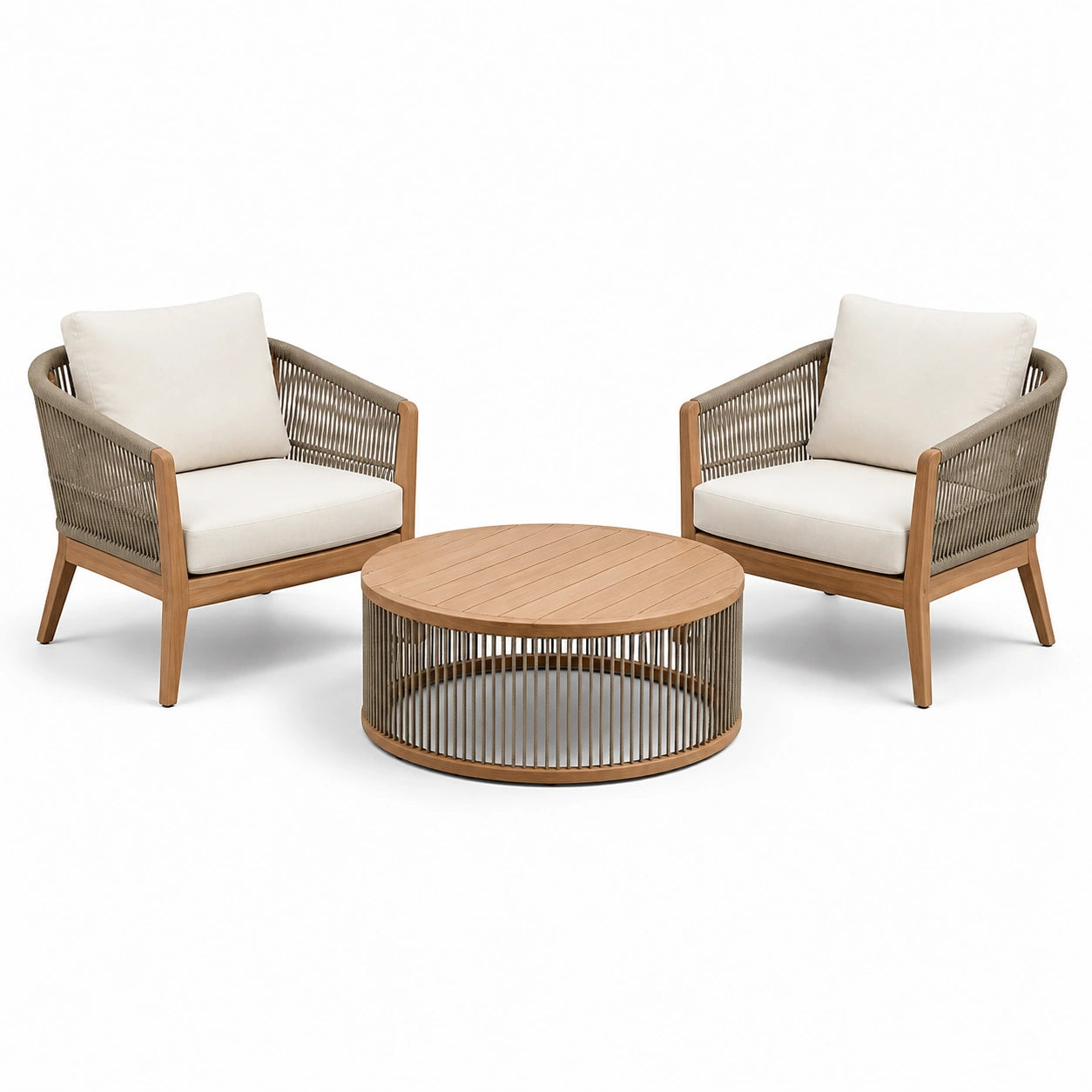 Salon de jardin 3 pièces avec 2 fauteuils de 72 × 78 × 82 cm et table basse ronde de 80 × 40 cm, bois naturel, taupe et blanc cassé